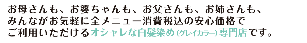 お母さんも、お婆ちゃんも、お父さんも、お姉さんも、みんながお気軽に全メニュー消費税込の安心価格でご利用いただけるオシャレな白髪染め（グレイカラー）専門店です。